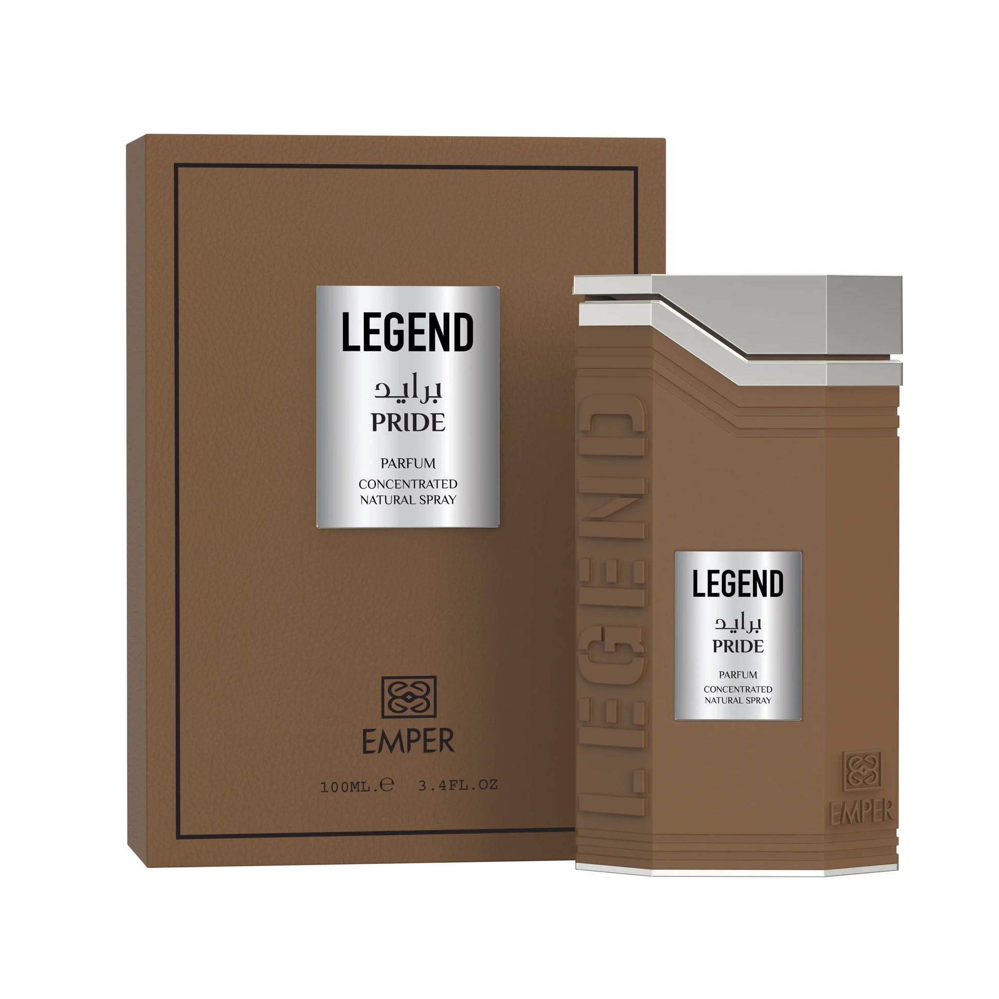 Emper Legend Pride 100 ml Parfum by Emper comes in a brown box and matching bottle with silver accents, featuring bilingual English and Arabic labels that showcase this distinguished fragrance.