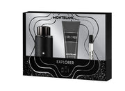 Explore the Mont Blanc Explorer 100ml Eau De Parfum Gift Set, presented in an elegant black box. This refined collection features a fragrance bottle, body wash tube, and travel spray, ideal for the modern adventurer.