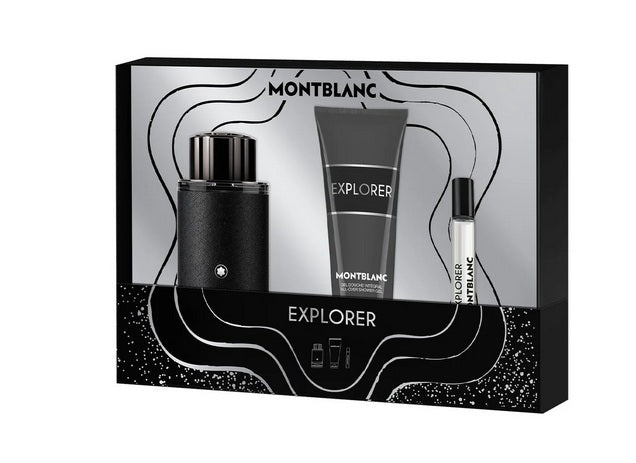 Explore the Mont Blanc Explorer 100ml Eau De Parfum Gift Set, presented in an elegant black box. This refined collection features a fragrance bottle, body wash tube, and travel spray, ideal for the modern adventurer.