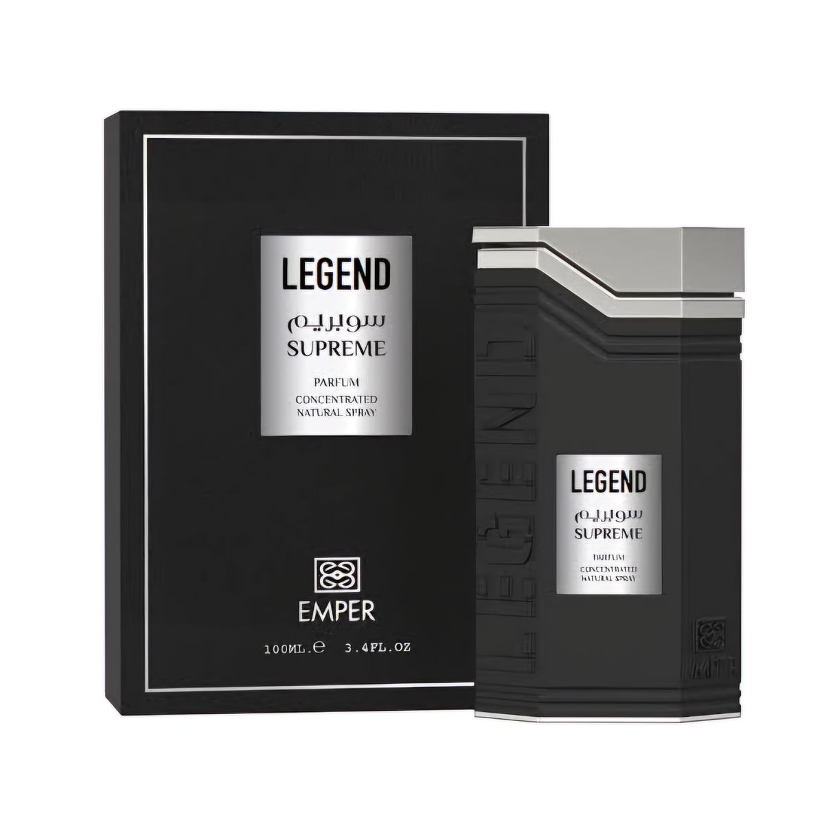 The Emper Legend Supreme 100ml Eau De Parfum, in a black rectangular bottle and box with vertical ridges and dual-language text, is a sophisticated, timeless fragrance for those seeking elegance.