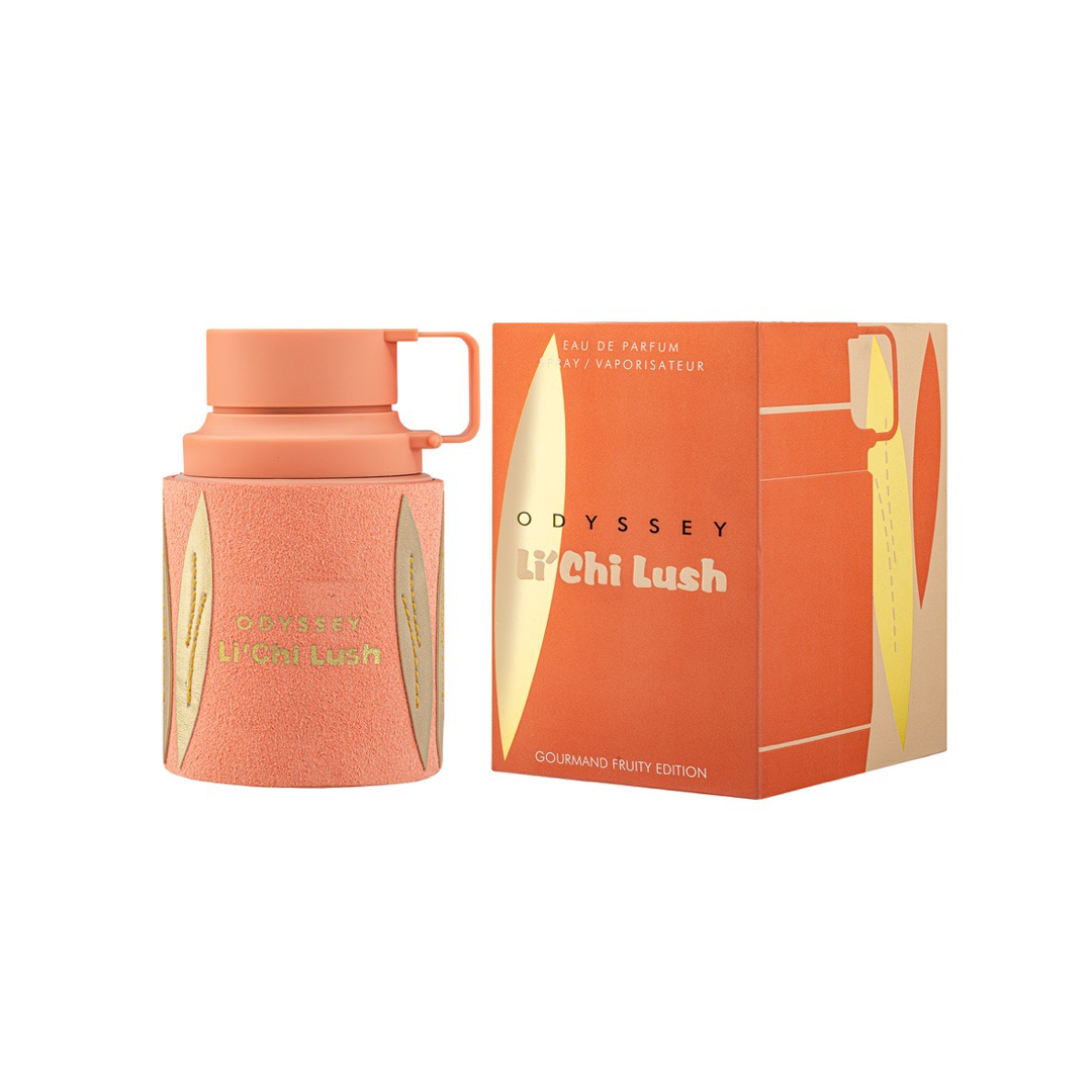 A 100ml bottle and box of Armaf Odyssey Li’chi Lush Eau de Parfum, showcasing an eye-catching orange and gold design with “Gourmand Fruity Edition” displayed on the box. This fragrance from Armaf infuses your collection with a vibrant and delightful fruity floral twist.