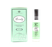 A green box labeled "Crown Perfumes Al-Rehab Lovely concentrated perfume oil" stands beside a matching bottle with a silver cap, capturing the fresh essence of a floral green fragrance from Crown Perfumes.