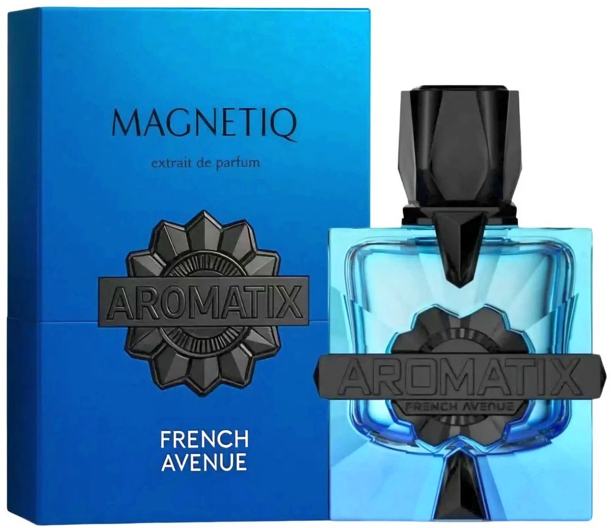 A blue box and matching bottle of French Avenue Magnetiq Aromatix 100ml Extrait De Parfum, featuring bold branding, black accents, and a Woody Aromatic fragrance.