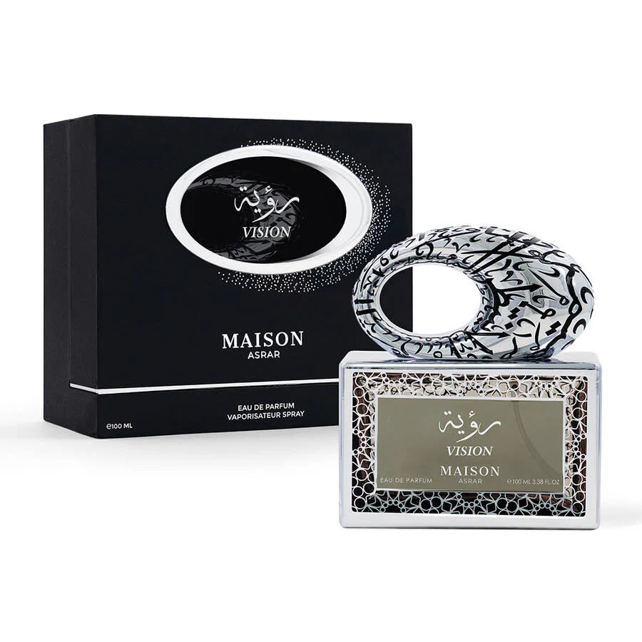 Maison Asrar Vision 100 ml Eau De Parfum for women, a citrusy fruity fragrance, is shown with its ornate silver-capped bottle beside its sleek black and silver packaging box.