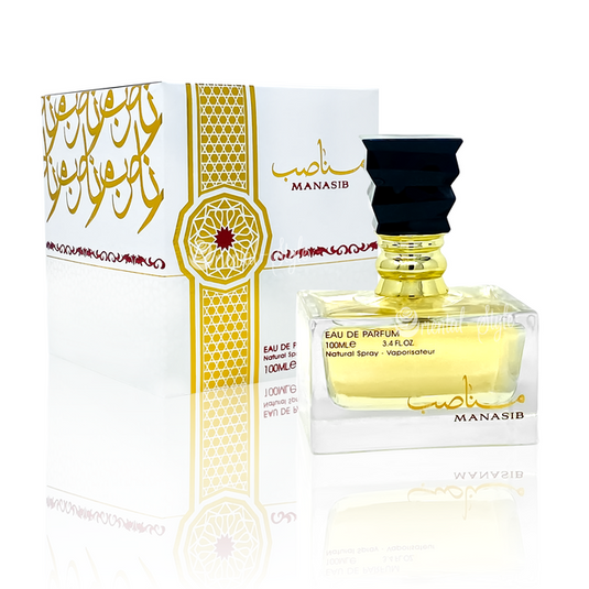 A 100ml bottle of Ard Al Zaafaran Manasib 100ml Eau De Parfum by Ard Al Zaafaran is shown next to its white and gold ornate packaging, capturing the essence of an exquisite Oriental fragrance.