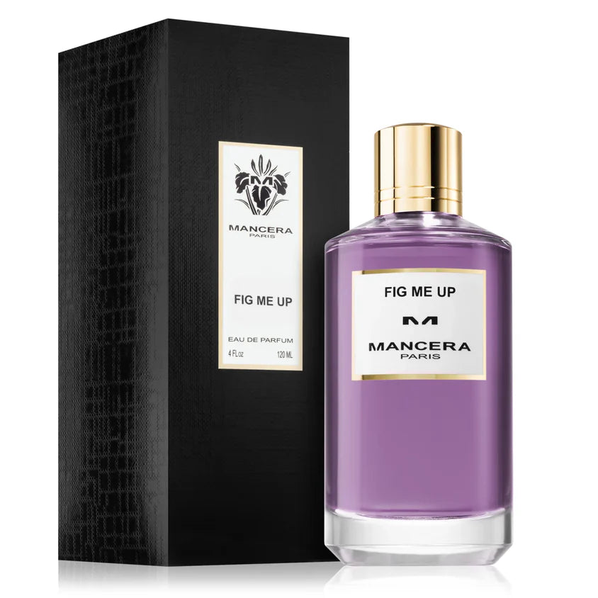 Mancera Fig Me Up 120ml Eau De Parfum, featuring a gold-capped bottle beside its black textured box, is displayed to showcase this modern unisex fragrance by Mancera.