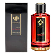 A bottle of Mancera Paris Intense Red Tobacco 120ml Extrait de Parfum is displayed beside its stylish black and gold packaging, both featuring the Mancera logo and product name. This woody, spicy scent from Mancera is a striking unisex fragrance renowned for its intense and captivating presence.