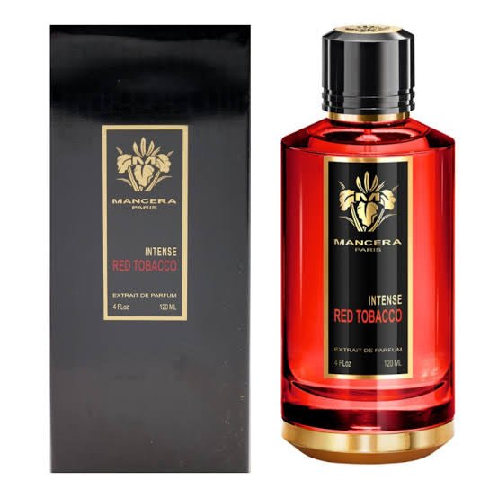 A bottle of Mancera Paris Intense Red Tobacco 120ml Extrait de Parfum is displayed beside its stylish black and gold packaging, both featuring the Mancera logo and product name. This woody, spicy scent from Mancera is a striking unisex fragrance renowned for its intense and captivating presence.