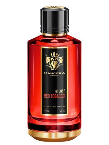A luxurious unisex woody spicy perfume, Mancera Paris Intense Red Tobacco Extrait de Parfum (120 mL) comes in a striking red and gold bottle with a black cap and gold label, showcasing the refined fragrance craftsmanship of Mancera.