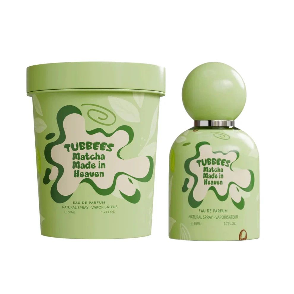 A light green Tubbees Matcha Made in Heaven EDP bottle and cylindrical box, both by Tubbies, displayed side by side, offer a refreshing unisex fragrance.