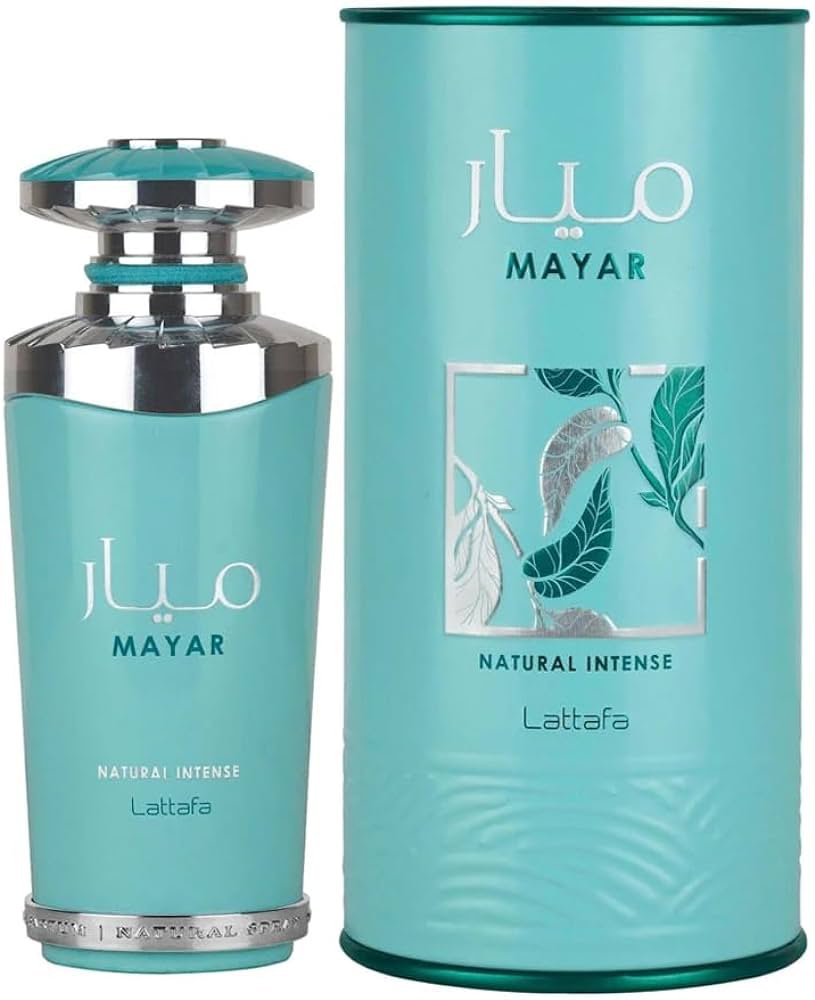 A teal Lattafa Mayar Natural Intense Eau De Parfum bottle sits next to its matching cylindrical box, both featuring leaf patterns and Arabic text.