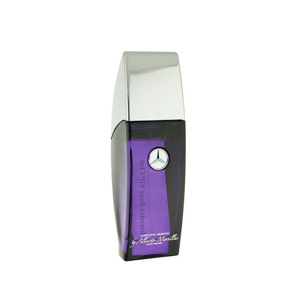 A purple perfume bottle with a silver cap, displaying the Mercedes-Benz logo and Alberto Morillas' signature, designed for the Mercedes Benz VIP Club Addictive Oriental 100ml Eau De Toilette.