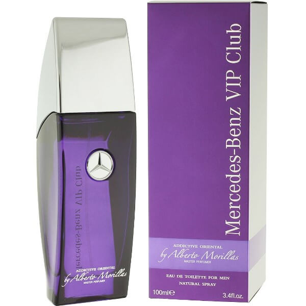 Mercedes Benz VIP Club Addictive Oriental 100ml Eau De Toilette—a refined Amber Spicy scent in a purple and silver bottle and box, crafted for fragrance enthusiasts.