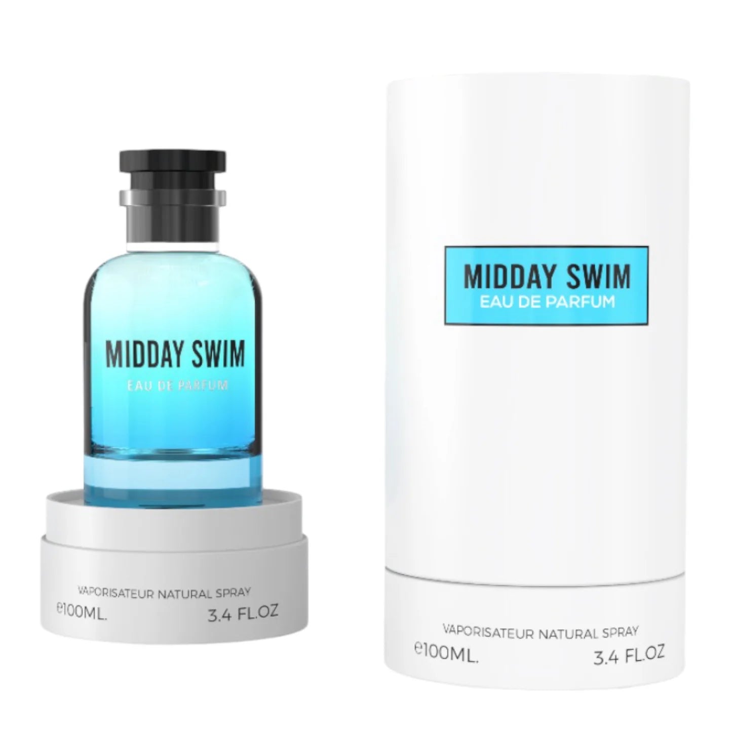 A blue Emper Midday Swim 100ml EDP bottle by Rio Perfumes stands beside its cylindrical white box, both marked as 100ml (3.4 fl oz)—an aquatic unisex fragrance perfect for any occasion.