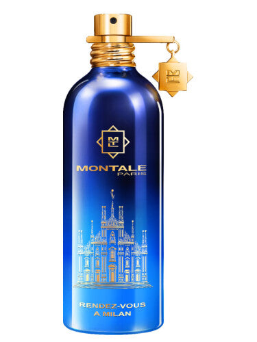 The Montale Paris Rendez-Vous A Milan 100ml Eau De Parfum features a blue and gold bottle with Milan's cathedral, a gold cap, and charm—a versatile Montale Paris fragrance for men and women.