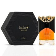 Ard Al Zaafran Milena 100ml Eau De Parfum features amber liquid in a bottle with a gold and black cap, placed beside a sleek black hexagonal box with gold accents, showcasing this elegant unisex fragrance from Ard Al Zaafran.