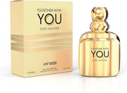 The Mirada Together with You Oud Leather 100ml Eau De Parfum comes in a gold bottle with an elegant, reflective box and features a rounded design. This unisex fragrance by Mirada is infused with the rich allure of oud leather—an ideal choice for those who value timeless sophistication.