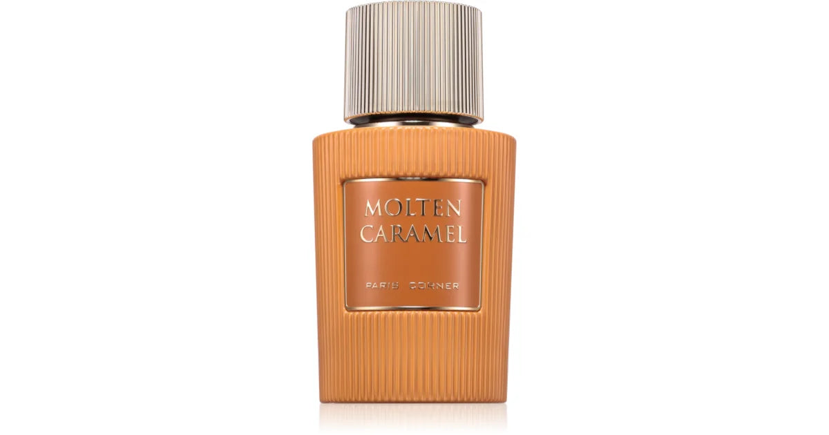 Paris Corner Molten Caramel 100ml Eau De Parfum by Rio Perfumes is a gourmand vanilla fragrance in a ribbed, copper-toned bottle with a metallic cap.