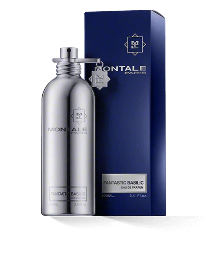 A silver Montale Paris perfume bottle with "Montale Paris" branding next to its blue box labeled "Montale Fantastic Basilic.