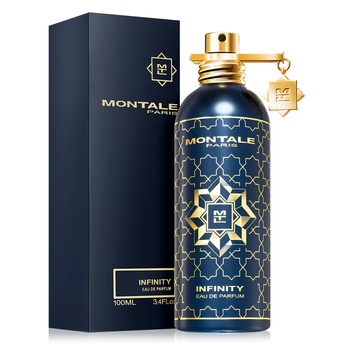 A 100ml bottle of Montale Paris Infinity EDP by Montale Paris is displayed beside its navy and gold packaging, featuring a geometric-patterned bottle adorned with a gold charm.