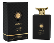 A black and gold bottle of "Mouj Jubilee XXVI 100ml EDP" by Rio Perfumes stands beside its matching box, both adorned with a gold emblem—an elegant unisex Eau De Parfum.