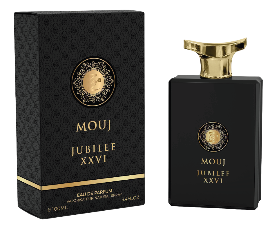 A black and gold bottle of "Mouj Jubilee XXVI 100ml EDP" by Rio Perfumes stands beside its matching box, both adorned with a gold emblem—an elegant unisex Eau De Parfum.