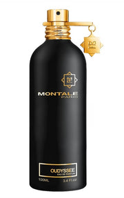 The Montale Paris Oudyssee 100ml Eau De Parfum features a matte black bottle with gold cap, label, and tag—a sophisticated unisex fragrance from Montale Paris.