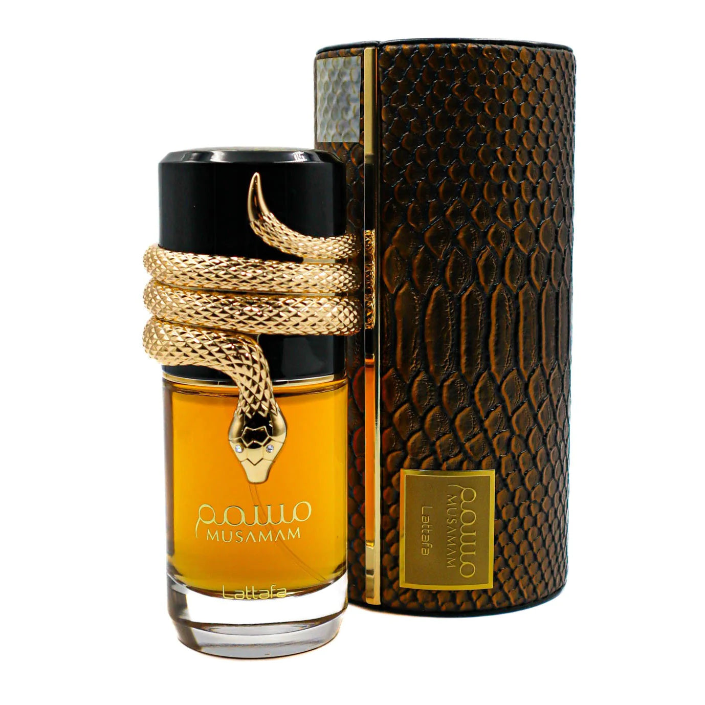 The Lattafa Musamam 100ml Eau De Parfum features a gold snake-shaped cap and comes in a brown, snakeskin-patterned case, reflecting the brand's luxurious style and captivating unisex fragrance.