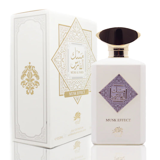 A bottle of Al Fares Musk Effect 100ml Eau De Parfum in front of a box.