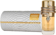 Lattafa Musamam White Intense 100ml EDP is a unisex oriental floral perfume featuring a snake-shaped cap, shown next to its white, snake-skin textured box. Brand: Lattafa.