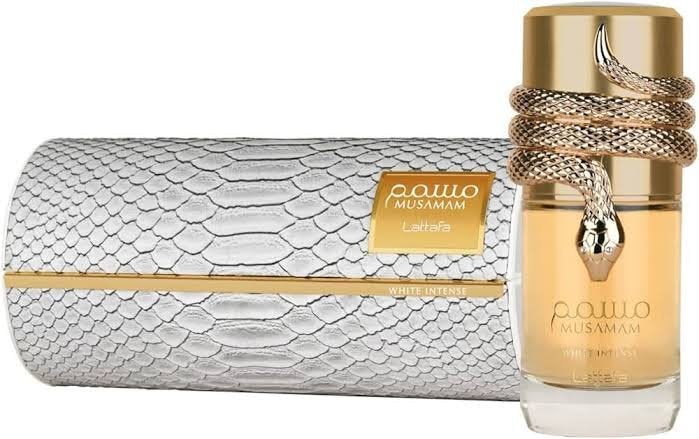 Lattafa Musamam White Intense 100ml EDP is a unisex oriental floral perfume featuring a snake-shaped cap, shown next to its white, snake-skin textured box. Brand: Lattafa.