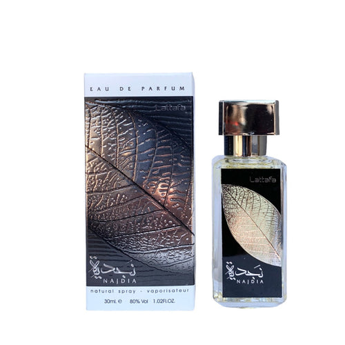 A 30ml bottle of Lattafa Najdia 30ml Eau De Parfum, an aromatic aquatic unisex fragrance, next to its box. The box and bottle feature a leaf design with metallic accents.