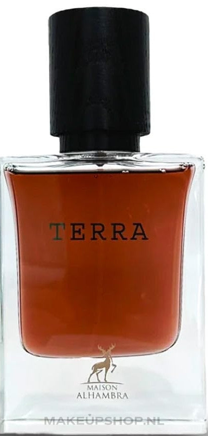A clear glass perfume bottle labeled "Maison Alhambra Terra" by Maison Alhambra, filled with amber-colored liquid, featuring a black cap and a small deer logo. This unisex fragrance is infused with oud.