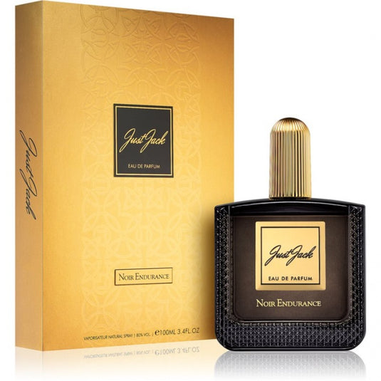 Bottle of Rio Perfumes' "Just Jack Noir Endurance 100ml Eau De Parfum" next to its packaging.