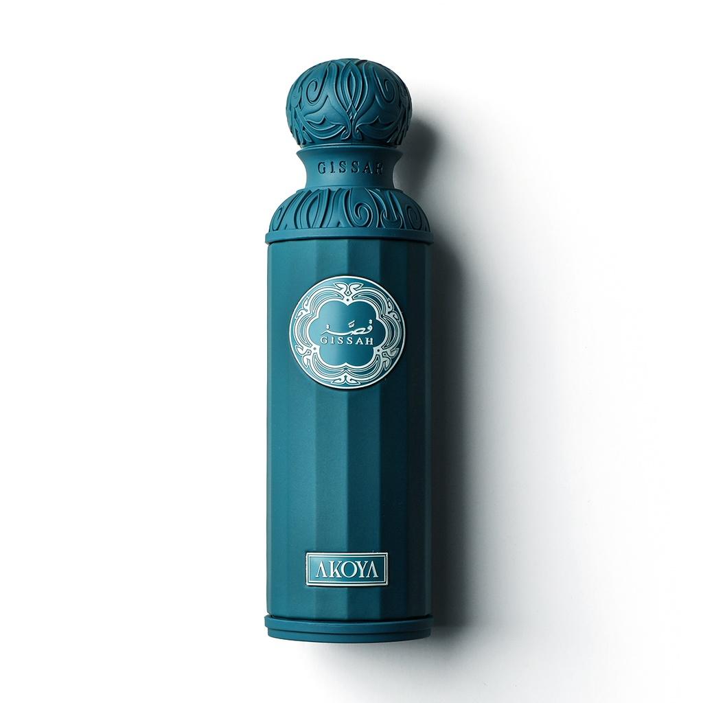 A teal Gissah Akoya 200ml EDP bottle with ornate details, "GISSAH" near the top and "AKOYA" at the base, is shown on a white background. This refined unisex perfume is by Gissah.