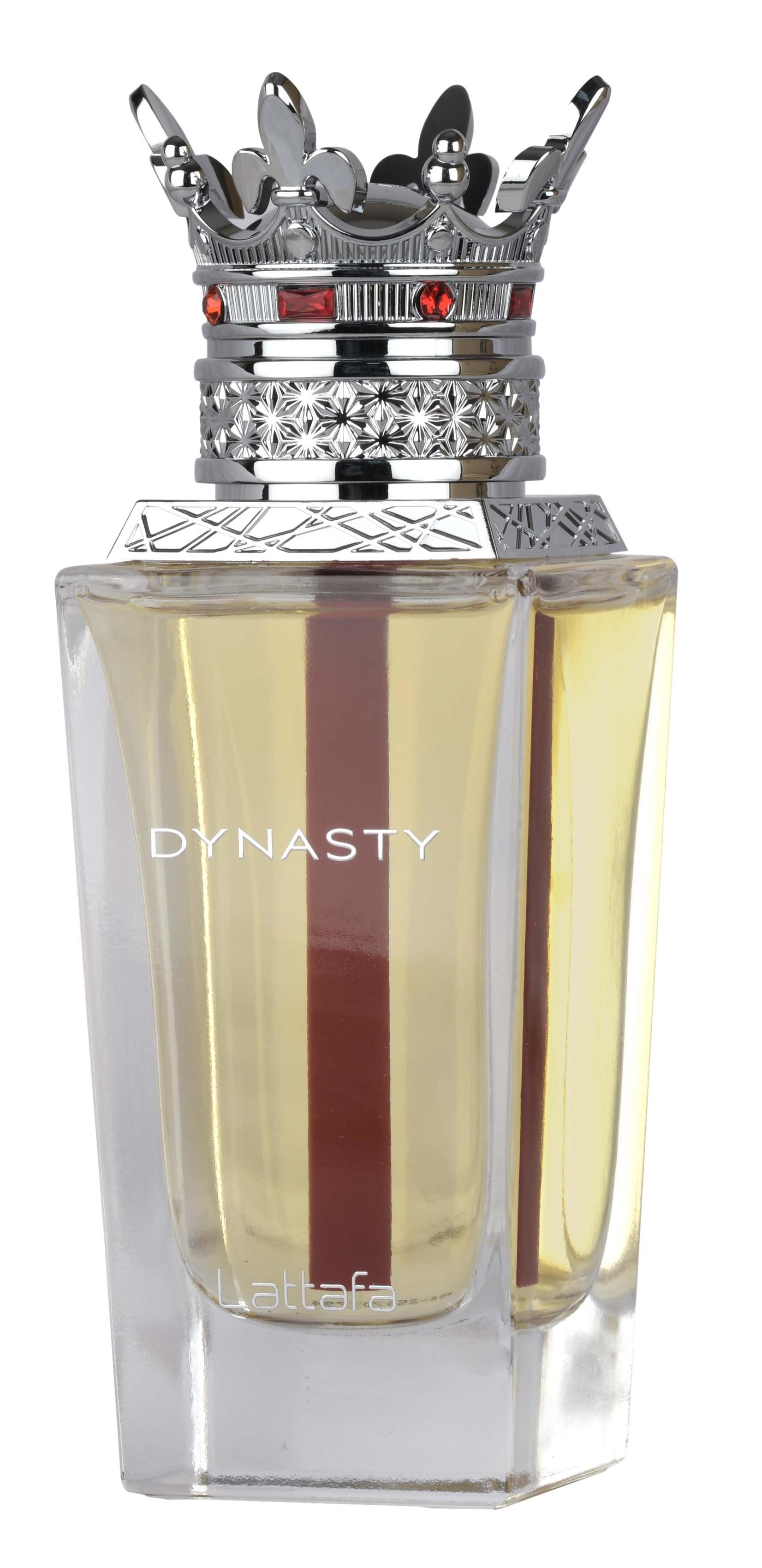 Lattafa Dynasty 100ml EDP is a refined unisex fragrance in a clear glass bottle with a metallic crown cap, featuring pale yellow Eau de Parfum.