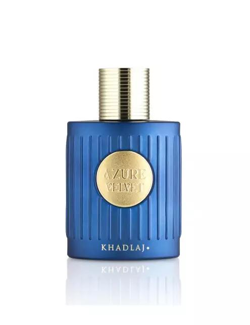 Khadlaj Azure Velvet 100ml is a luxury unisex perfume in a blue bottle with a gold cap and gold label, combining elegance and sophistication.