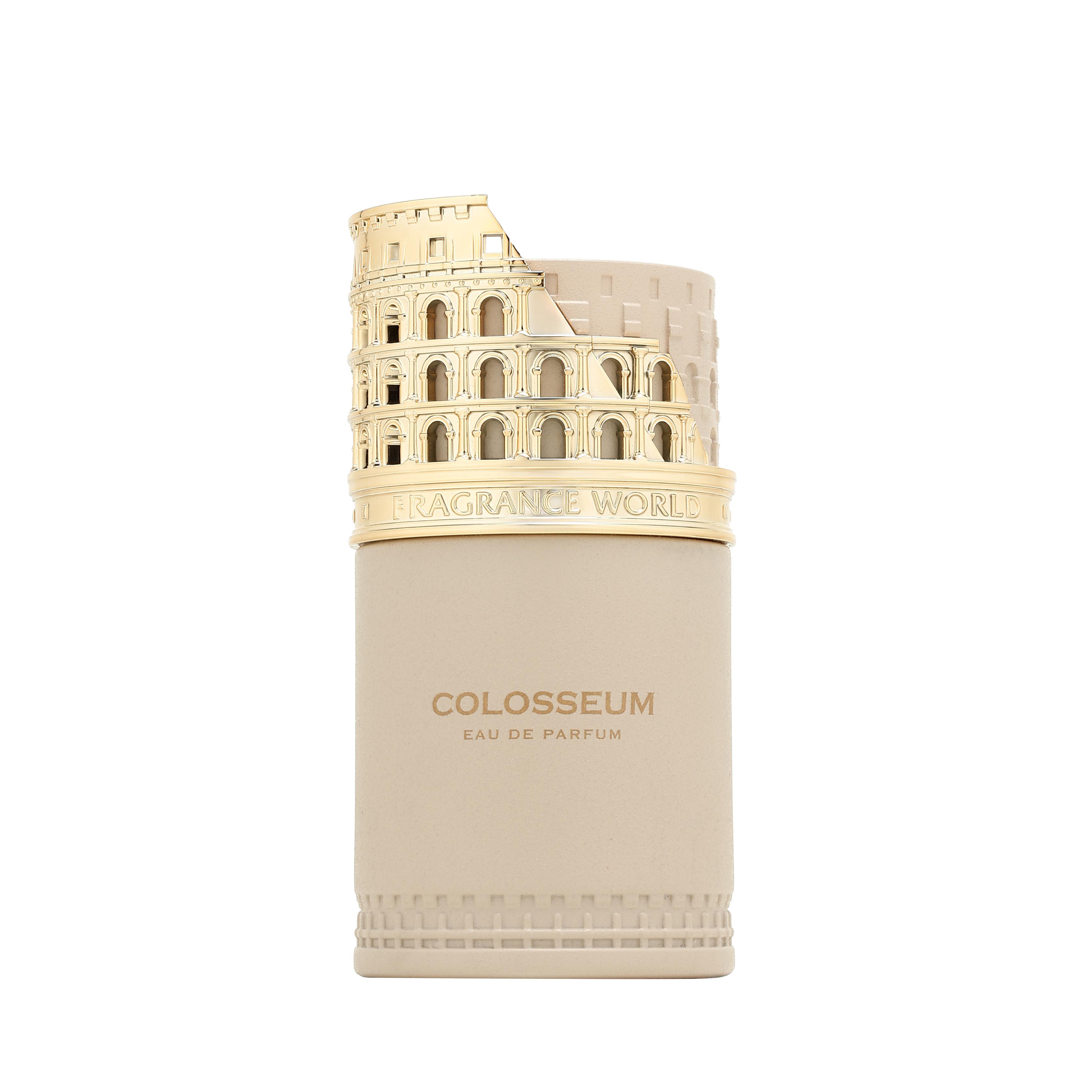 Inspired by the grandeur of ancient Rome, Fragrance World Colosseum 100ml EDP features a beige bottle with a gold cap reminiscent of the Roman Colosseum. This elegant oriental woody fragrance by Fragrance World exudes sophistication and timeless appeal.