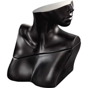 Sculpture of a stylized human bust with a smooth, dark finish, featuring a partially open head and detailed facial features—evoking the enigmatic allure of Billie Eilish No 2, a unisex perfume celebrated for its woody floral musk fragrance.