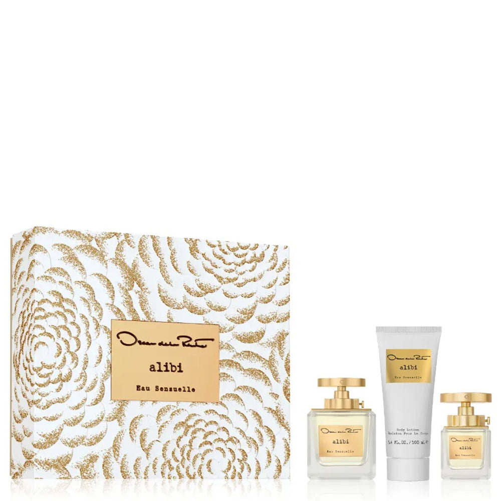 Experience the Oscar De La Renta Alibi Eau Sensuelle 100ml EDP Gift Set from Oscar de la Renta. This exquisite gift set showcases an Oriental Floral scent and comes in a beautifully designed box featuring refined gold and white details. Inside, you’ll find an elegant perfume bottle, a luxurious body lotion, and a handy travel-size spray—each piece perfectly coordinated for sophisticated gifting.