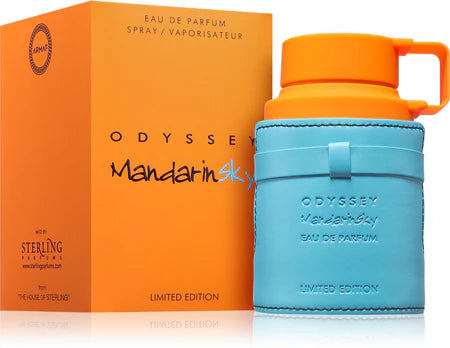 A bold orange box and a blue bottle with orange cap and leather cover showcase Armaf Odyssey Mandarin Sky 100ml Eau De Parfum for men, making a striking impression.