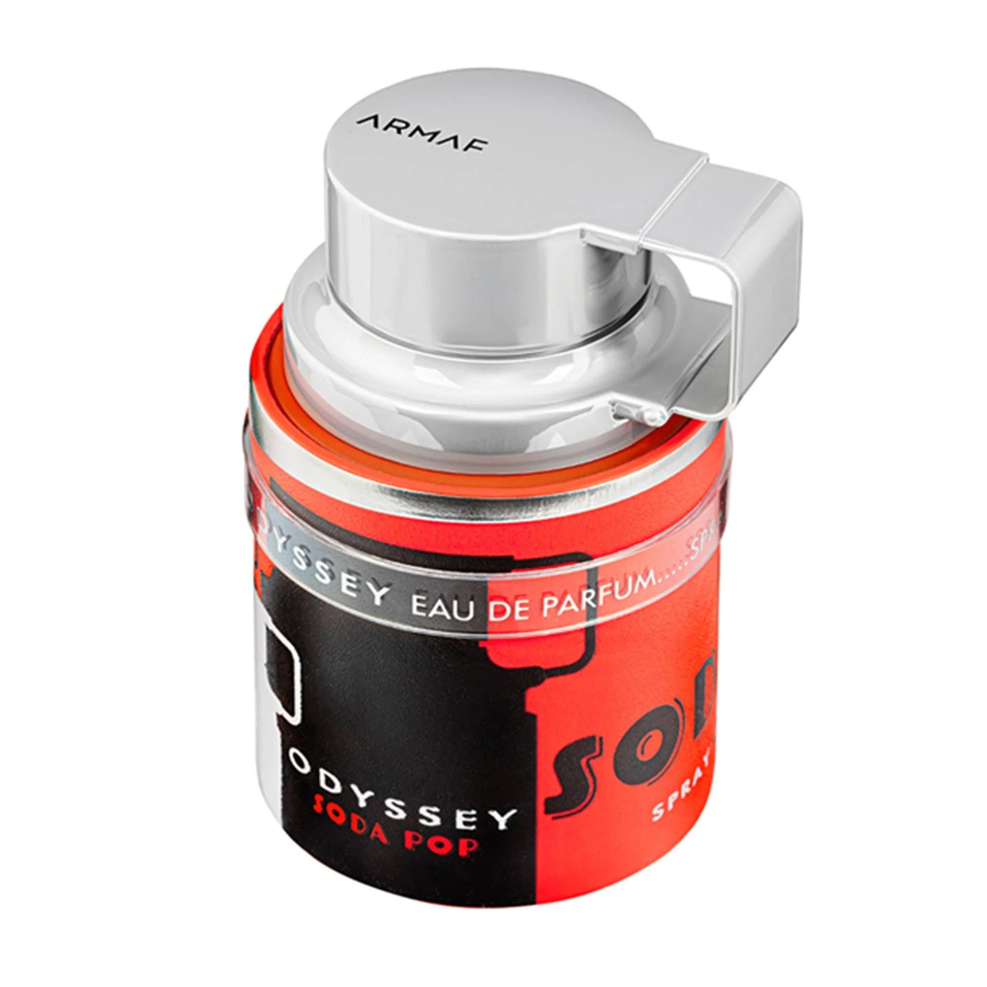 A cylindrical bottle of Armaf Odyssey Soda Pop 100ml EDP, distinguished by its silver cap and striking red-and-black label, captures the vibrant character of this Citrus Aromatic fragrance from Armaf.