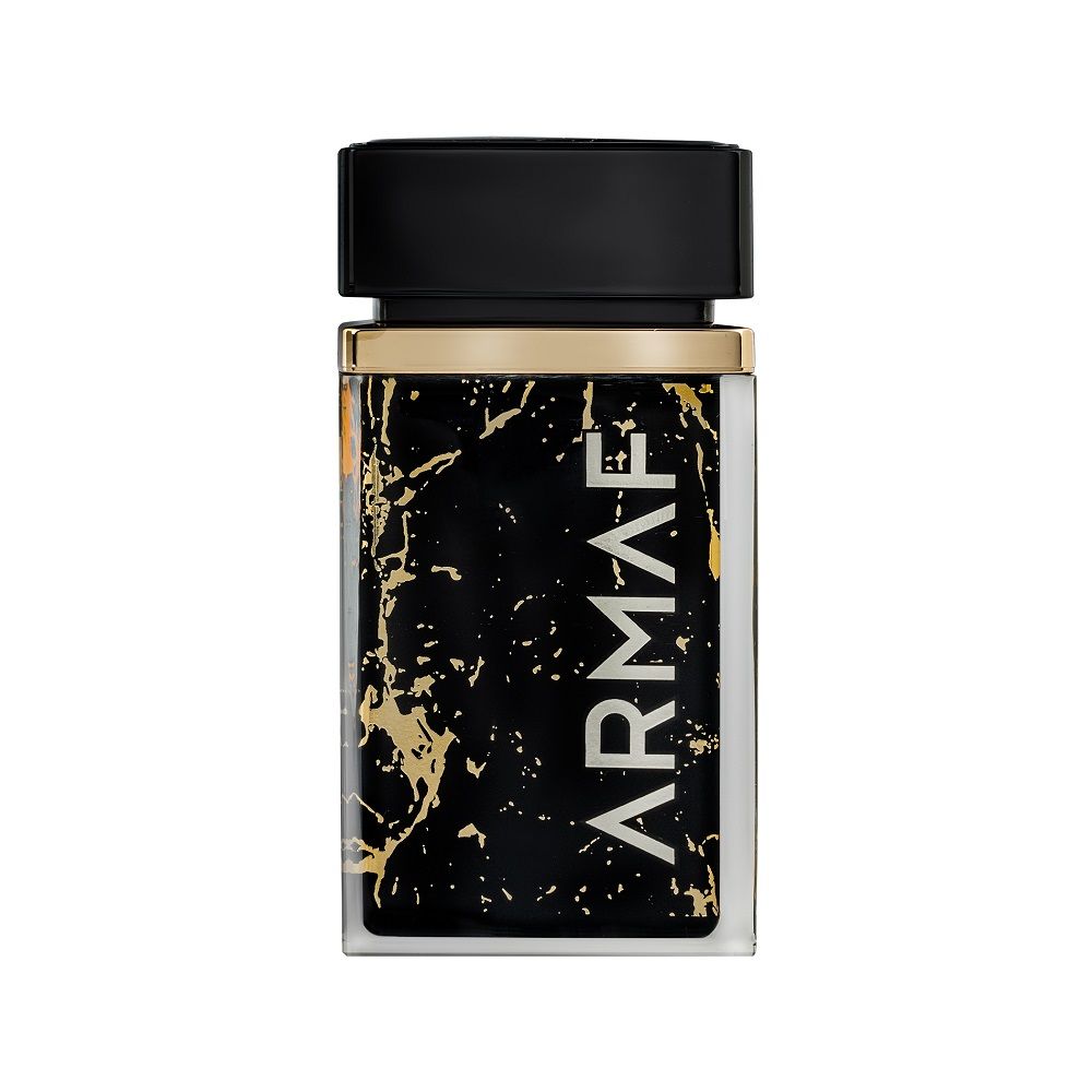 A sleek rectangular black bottle of Armaf Ombre D'or 75ml EDP (inspired by Crystal Saffron), featuring gold marbling and a black cap, is photographed on a white background. This unisex fragrance offers an elegant, modern scent.