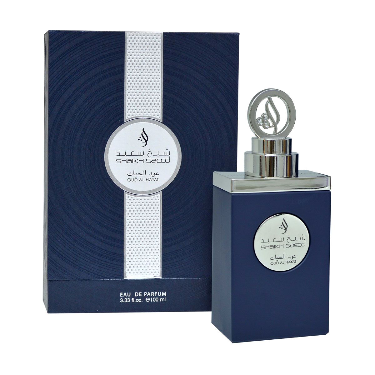 A dark blue perfume box and matching bottle with silver accents, labeled "Shaikh Saeed Oud Al Hayat 100ml Eau De Parfum" by Shaikh Saeed, displayed side by side—a refined oud fragrance for sophisticated tastes.