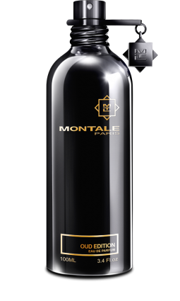 A sleek black Montale Paris Oud Edition 100ml Eau de Parfum bottle, labeled "oud edition," with a 100ml volume indicator and metallic accents, designed as a unisex fragrance.
