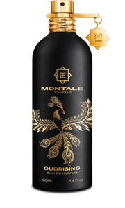 A black Montale Oudrising 100ml Eau De Parfum bottle with gold detailing and a phoenix design, featuring a Montale Paris label.