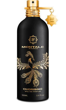 A black Montale Oudrising 100ml Eau De Parfum bottle with gold detailing and a phoenix design, featuring a Montale Paris label.