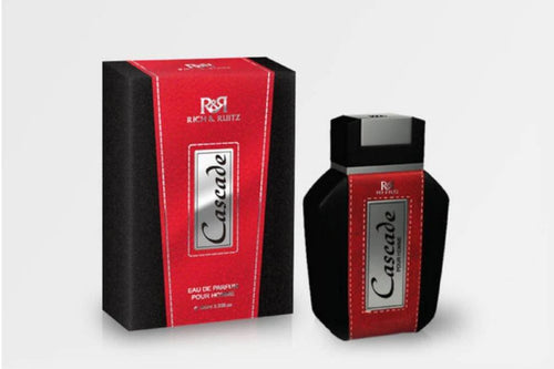 A bottle of Dubai Perfumes' Rich & Ruitz Cascade 100ml Eau De Parfum next to a box.