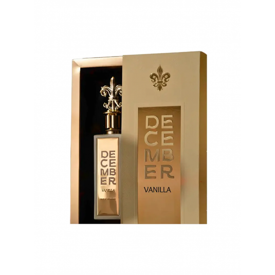 A bottle of "Paris Corner December Vanille 100ml Eau De Parfum" in a golden box adorned with a fleur-de-lis symbol by Rio Perfumes.