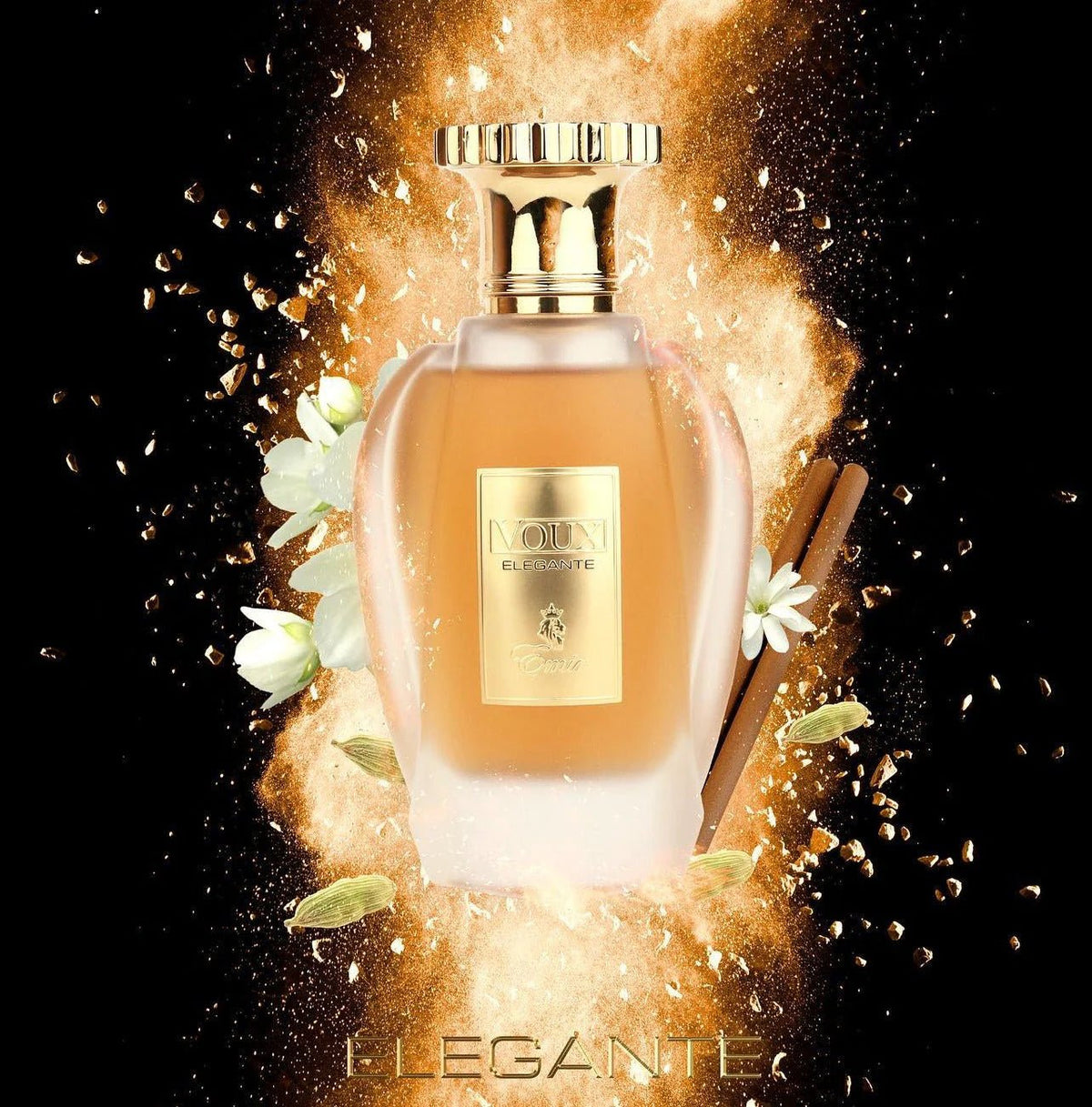 A gold-capped perfume bottle with an elegant gold label is encircled by white blossoms, cardamom pods, and cinnamon sticks, all set against a dramatic burst of golden powder. Reflecting the sophisticated character of a Woody Aromatic scent, this scene embodies the refined allure of Emir Voux Elegante by Paris Corner 100ml EDP. The word “ELEGANTE” is prominently displayed at the bottom.